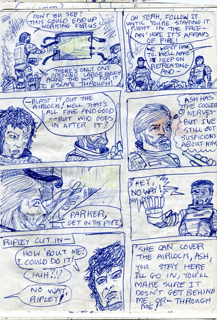 The crew find the alien in the food locker and let rip with flame-throwers - alien comic page