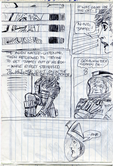Ripley struggles into her spacesuit in the locker and searches for a weapon - alien comic page